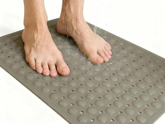 Bath and Shower Safety Mats 27.5x15 inch, Non Slip with Strong Suction Cups for Bathroom Stall and Tub Floor, Extra Large and Machine Washable, Drain Holes Keep Bathtub Clean, Soft on Feet, Light Grey