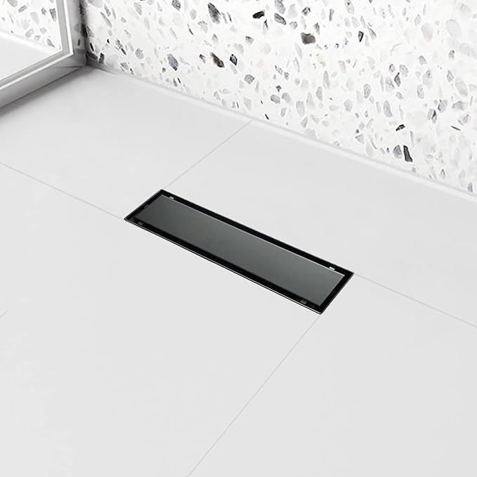 Linear Shower Drain, 12 inch Black Drain with Tile Insert 2-in-1 Panel, Brushed 304 Stainless Steel Shower Floor Drain, Linear Drain with Hair Strainer and Adjustable Feet