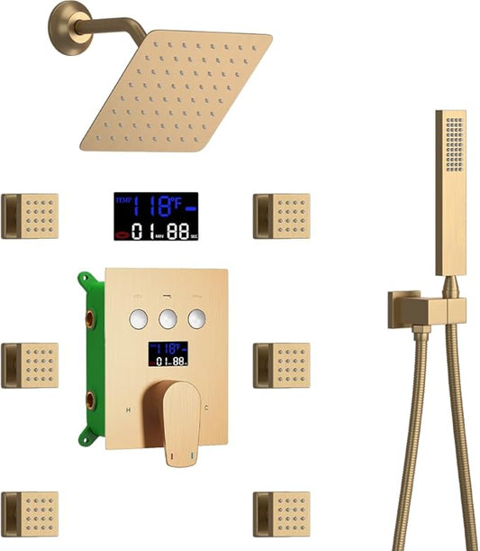 Bathroom Rainfall Shower System Wall Mount 8 Inch Shower Head With Handled Spray 6 Pcs jets Temperature Display Shower Faucet Set (Brushed Gold)