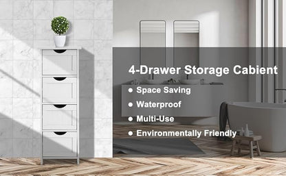 Bonnlo Skinny Bathroom Floor Storage Cabinet,White 12 Inch Wide Deep Small Storage Organizer with 4 Drawers, Wooden Modern Thin Free Standing Tower Cabinet w/ 4 Cute Drawers for Bathroom, Living Room