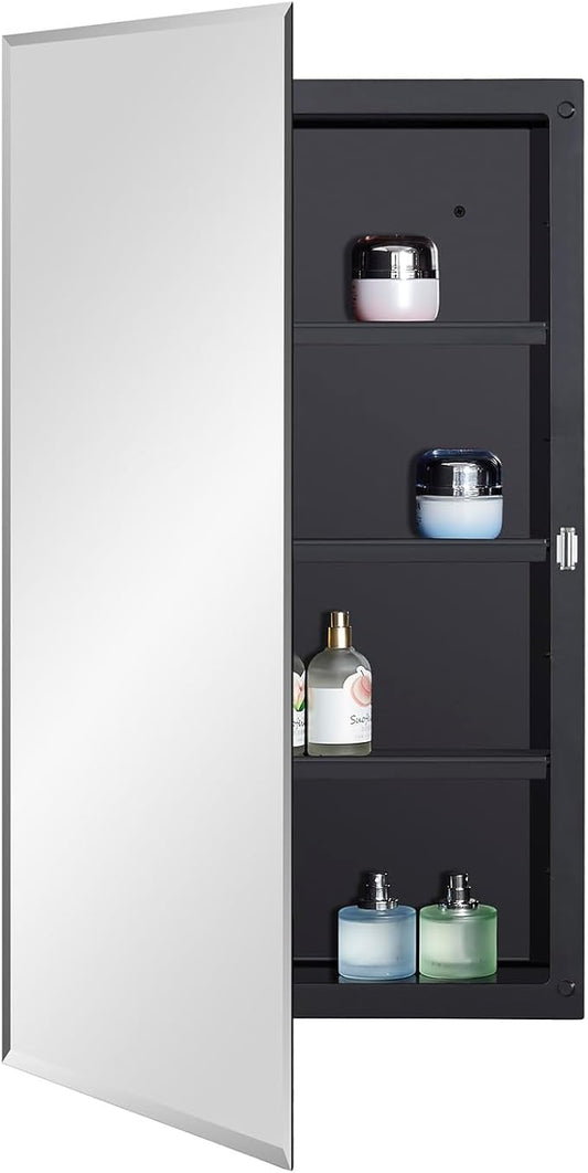 Black Plastic Medicine Mirror Cabinet for Bathroom with 16 x 28 inch Beveled Edge Mirror, Recessed and Surface Mount