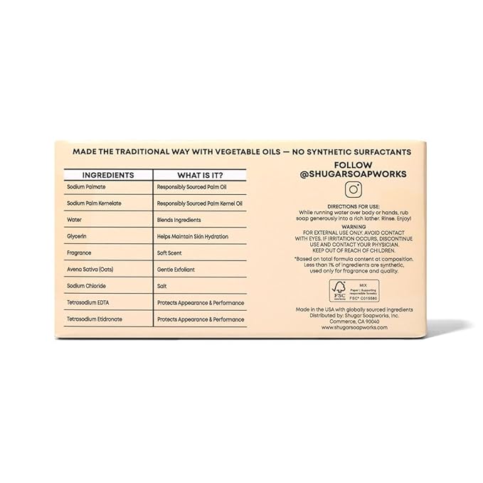 Shugar Soapworks Oatmeal & Honey 5 oz Beauty Bar Soap 8-Pack | Plant-Based Vegan Formula | Sulfate & Paraben Free | Gentle Exfoliating Cleanser with Finely Ground Oatmeal Flakes
