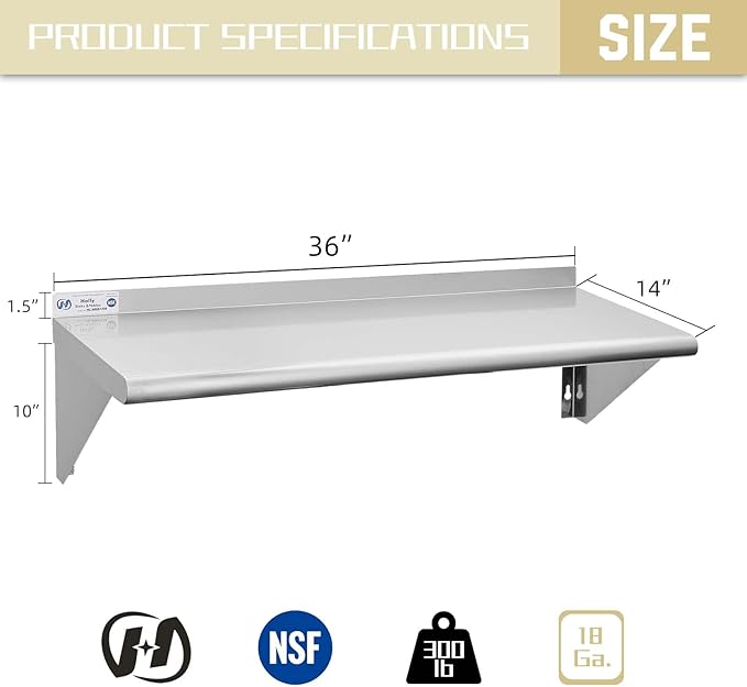 Hally Stainless Steel Shelf 14 x 36 Inches, 300 lb, Commercial Wall Mount Floating Shelving for Restaurant, Kitchen, Home and Hotel