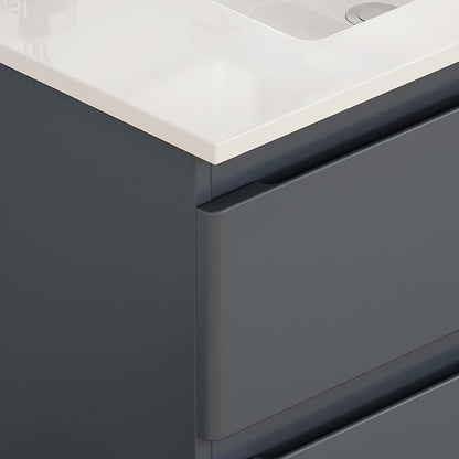 32" Wall Mounted Bathroom Vanity with Sink, Modern Dark Grey Floating Cabinet, Solid Plywood with Round Edges, 2 Soft Close Drawers, Handleless Design, Ceramic Top