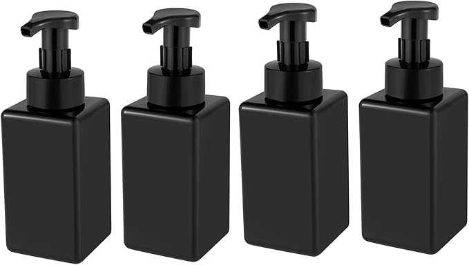 UUJOLY Foaming Soap Dispenser, 22oz Refillable Pump Bottle Plastic for Liquid Soap, Shampoo, Body Wash, 4 Pcs, Black
