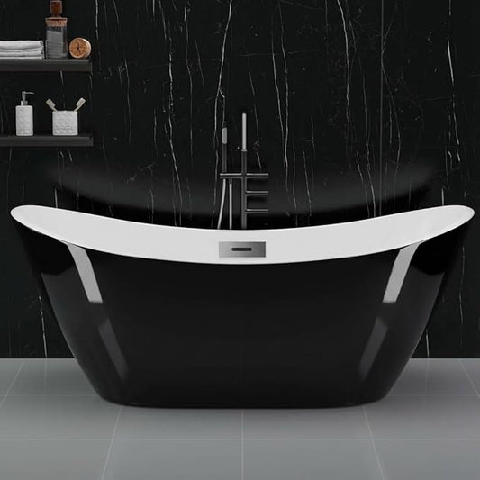 59 Inch Acrylic Freestanding Bathtub, Acrylic Soaking Bathtub with Matte Drain and Overflow, Modern Square Tub, CUPC Certified, Deep Ergonomic Design, Double-Walled Insulation, Easy Installation