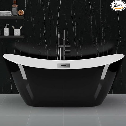 67" Freestanding Acrylic Bathtub, Deep Soaking Tub with Non-Slip Base & Chrome Drain, cUPC Certified, Black Ingot