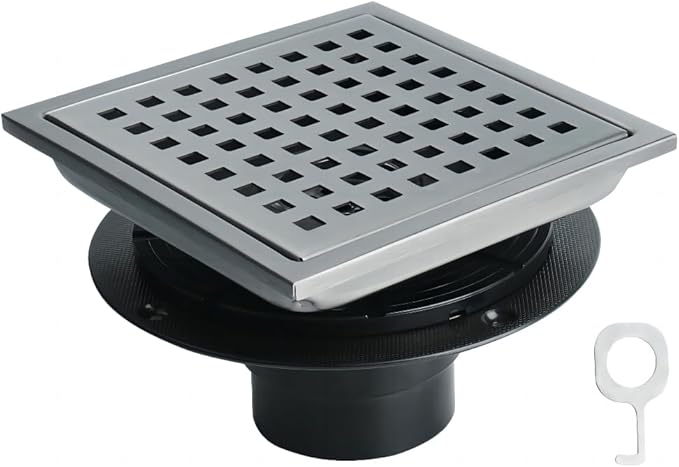 6 Inch Square Shower Drain, SUS 304 Stainless Steel Shower Drain with Flange, Removable Grid Cover Hair Strainer, High Flow Shower Floor Drain, Gun Grey