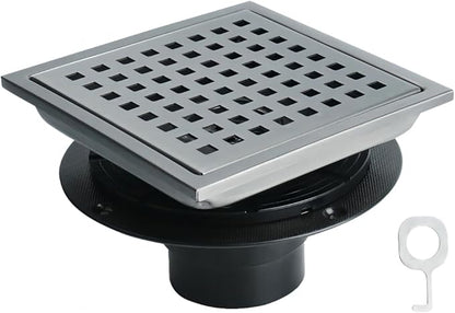 6 Inch Square Shower Drain, SUS 304 Stainless Steel Shower Drain with Flange, Removable Grid Cover Hair Strainer, High Flow Shower Floor Drain, Gun Grey