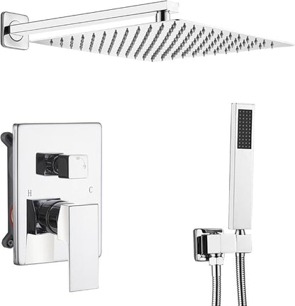 Shower Faucet Set Polished Chrome Surface Large 12 Inch Shower Head Handheld Shower Combo Set High Pressure Recessed Wall Mount, Chrome