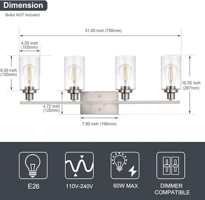 4-Lights Modern Vanity Light Fixtures for Bathroom Over Mirror, Farmhouse 31-Inches Length Seeded Glass Bath Wall Sconce Lighting in Brushed Nickel