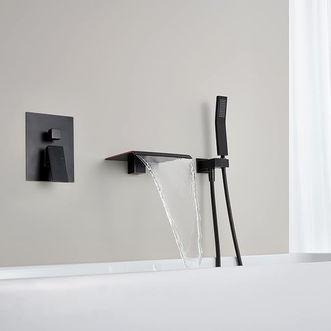 Wall Mount Tub Filler Waterfall Tub Faucet Oil Rubbed Bronze Bathtub Faucet Brass Single Handle Bathroom Faucet with Hand Shower