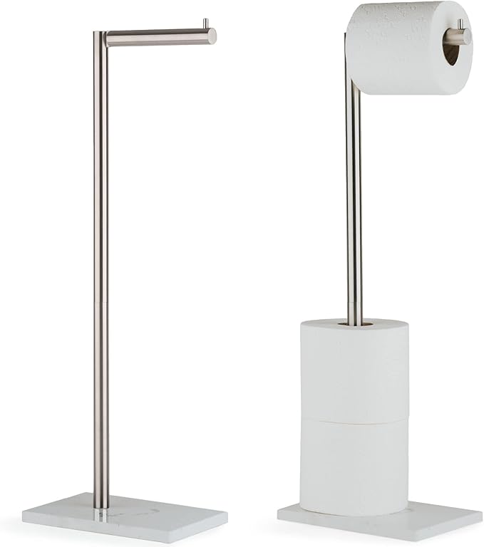 MARMOLUX ACC Free Standing Brushed Nickel Toilet Paper Holder Stand White Marble Base and Storage | 4 Jumbo Roll Bathroom Hardware Toilet Tissue Organizer | Stainless Steel Bathroom Decor Accessory