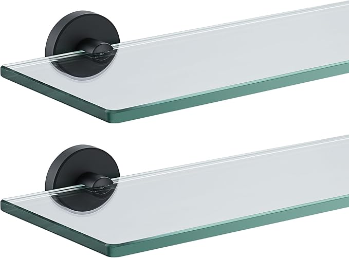 JQK Bathroom Glass Shelf Black, Tempered Glass Shower Storage 12 by 5 inches, 304 Stainless Steel Matte Black Wall Mount 2 Pack, TGS101L12-PB-P2