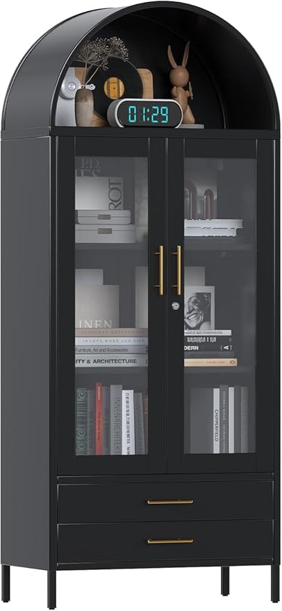73''H Metal Arch Kitchen Pantry Cabinets, Arched Display Cabinet with Glass Doors&Drawers for Home Living Room, Assemble Required, Black