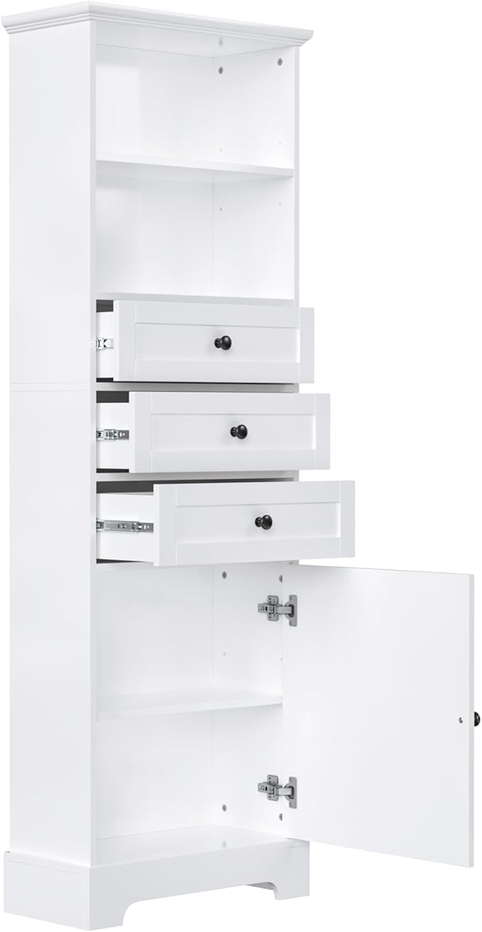 Favfurish 67" Tall Bathroom Storage Cabinet with Door and 3 Drawers,Modern Linen Cabinets w/Adjustable Shelf & 2-Tier Open Shelves,Freestanding Organizer for Bath Room,Study,Office,White
