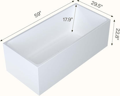 59" Freestanding Bathtub，Acrylic Deep Soak Tub, Glossy White, Easy Install with Overflow & Drain