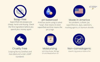 HARP pH-Balanced (5.0-6.0) Exfoliating Body Wash Bar - FRAGRANCE FREE. Bamboo Powder Exfoliation -the perfect consistency. Soap/Lye/Preservative/Dye/Masking agent-Free. Non-comedogenic.