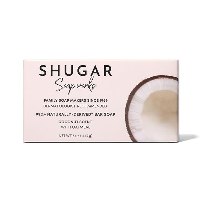 Shugar Soapworks Oatmeal & Coconut 5 oz Beauty Bar Soap 8-Pack | Plant-Based Vegan Formula | Sulfate & Paraben Free | Moisturizing Gentle Cleanser with Finely Ground Oatmeal Flakes