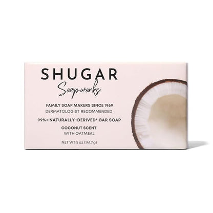 Shugar Soapworks Oatmeal & Coconut 5 oz Beauty Bar Soap 8-Pack | Plant-Based Vegan Formula | Sulfate & Paraben Free | Moisturizing Gentle Cleanser with Finely Ground Oatmeal Flakes
