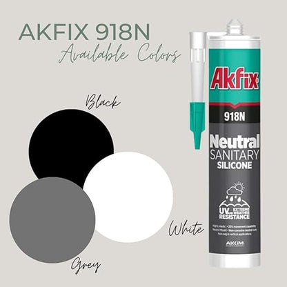 Akfix 918N White 100% Silicone Caulk for Kitchen and Bathroom (1x10.5 fl.oz.) - Solvent-Free, Low Odor, UV & Water Resistant, Fast Curing, Paintable, High Elasticity Silicone Sealant | White, 1 Pack