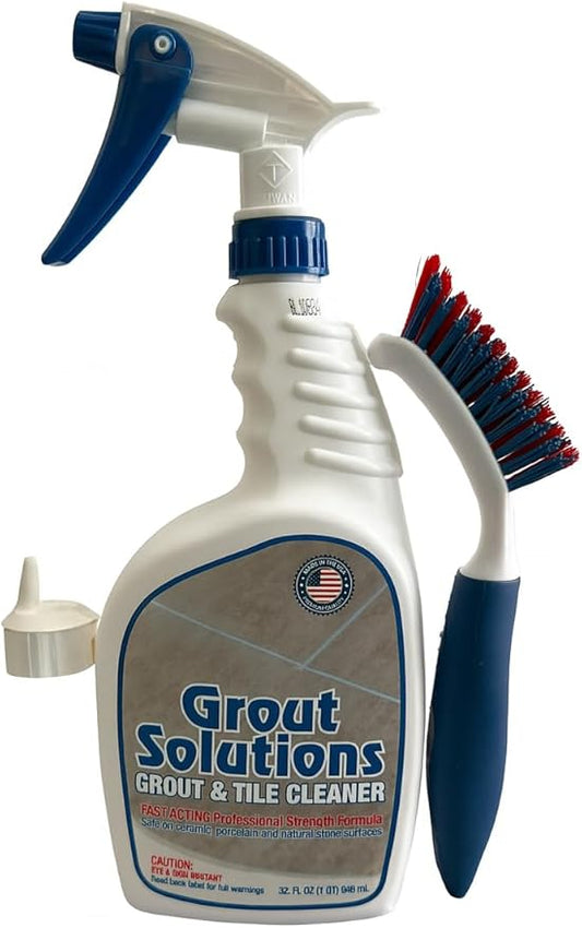 Grout Cleaner: Acid-Free Deep Cleaner & Stain Remover for the Dirtiest Grout. (1-Quart) Includes 8-inch Heavy-Duty Tile Cleaner Brush (32oz Spray with Hand Brush and Cap)