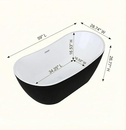 59 Inch Acrylic Freestanding Bathtub, Acrylic Soaking Bathtub with Matte Drain and Overflow, Modern Square Tub, cUPC Certified, Deep Ergonomic Design, Double-Walled Insulation, Easy Installation