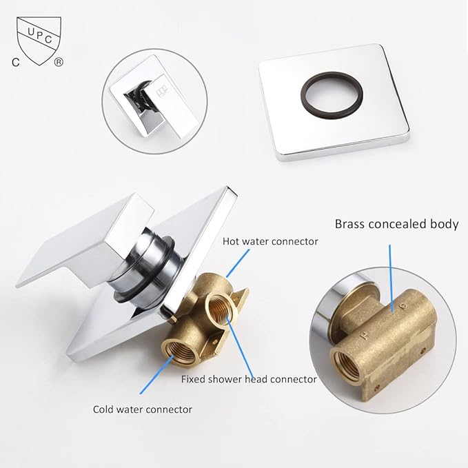 POP SANITARYWARE Single Function Shower Trim Kit with Rough-in Valve, Bathroom Rain Shower Set Bath Rainfall Shower Faucet System with Square Stainless Steel Metal Showerhead, Polished Chrome
