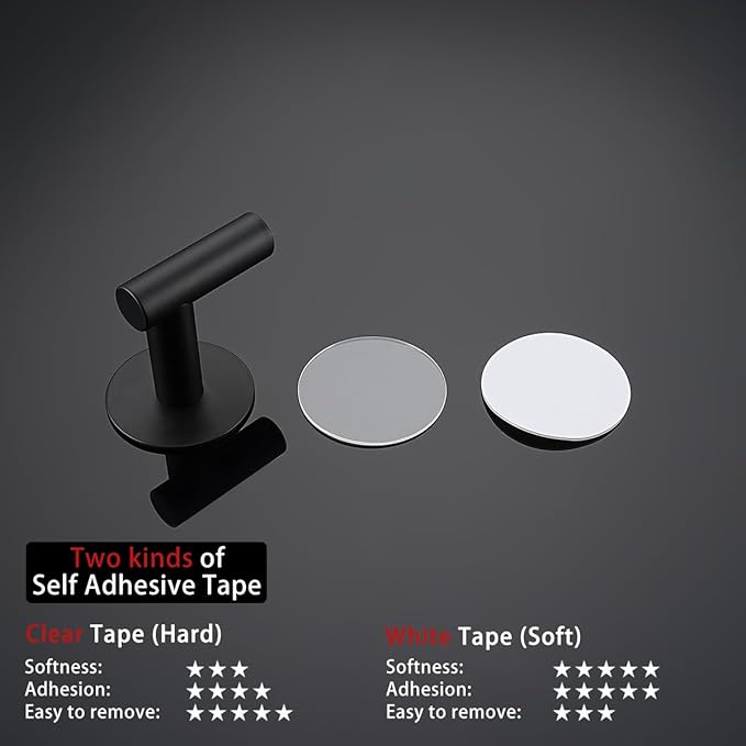 JQK Self Adhesive Towel Hook Black, No Drill Stick on Coat Robe Clothes Wall Hook for Bathroom Kitchen Garage 2 Pack, 304 Stainless Steel Matte Black, ATH110-PB-P2
