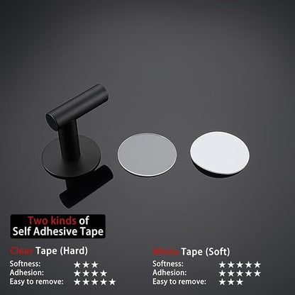 JQK Self Adhesive Towel Hook Black, No Drill Stick on Coat Robe Clothes Wall Hook for Bathroom Kitchen Garage 2 Pack, 304 Stainless Steel Matte Black, ATH110-PB-P2