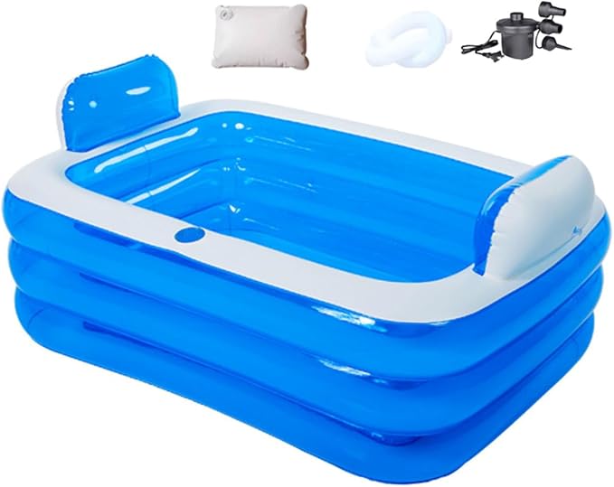 Double Inflatable Bathtub with Electric Air Pump and Bath Pillow Headrest, Portable Blow Up Bath Tub for Adults, Outdoor & Indoor Freestanding Foldable Spa Tub with Drainage Cup Holder
