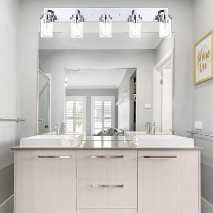 MELUCEE 5-Lights Bathroom Vanity Light Fixtures Chrome, Modern Vanity Lighting with Clear Glass Shade, Industrial Wall Mount Lights for Mirror Cabinet Sink