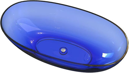 61" Premium Solid Surface Freestanding BathTubs, Upgraded Modern Transparent Blue Design Stand Alone Tub with Pop-up Drain