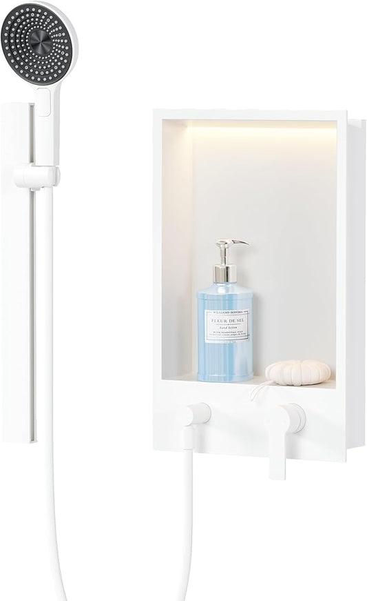 Shower Niche with Round Hand Shower, Sliding Bar and LED Light in Matte White/Vertical