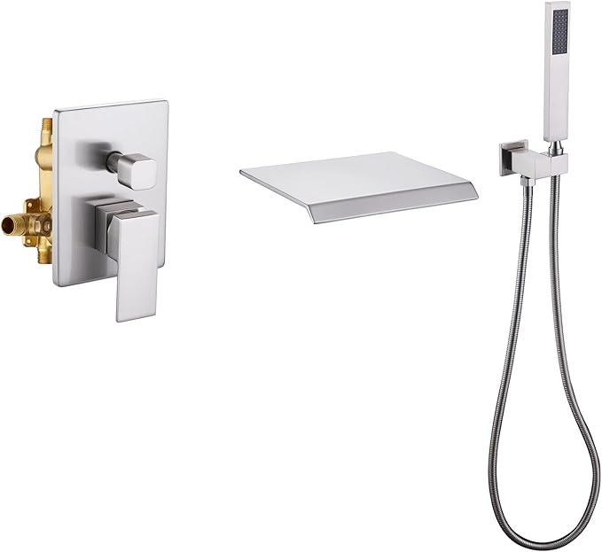 Taplong Wall Mount Tub Faucet with Waterfall Tub Spout Wall Mounted Bathtub Faucet with Handheld Shower Single Handle Tub Filler, Shower Faucet Set with Rough-In Valve, Brushed Nickel,91266BN