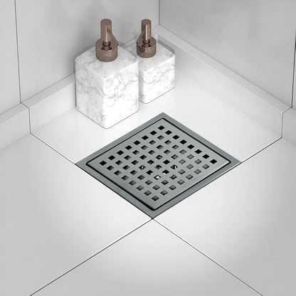 4 Inch Square Shower Drain, SUS 304 Stainless Steel Shower Drain with Flange, Removable Grid Cover Hair Strainer, High Flow Shower Floor Drain, Gun Grey