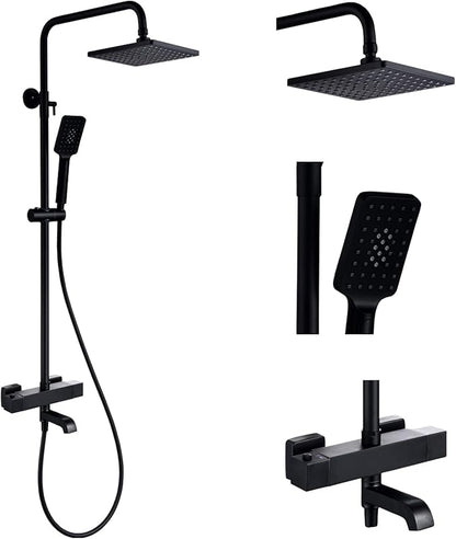 Outdoor Shower Faucet Set 8" Square Shower Head 3 Function Thermostatic Rainfall Shower Fixtures, Handheld Sprayer Tub Spout with Constant Temperature with Height Adjustable Slide Bar
