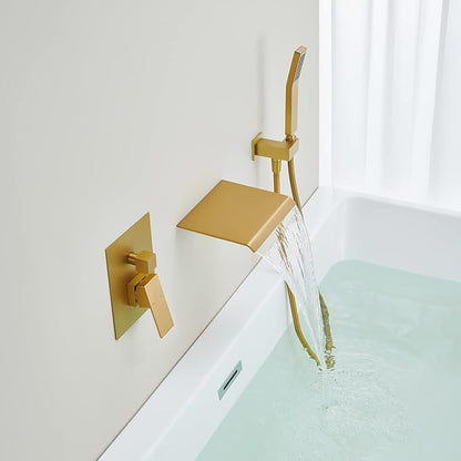 Wall Mount Tub Filler Waterfall Tub Faucet Brushed Gold Bathtub Faucet Brass Single Handle Bathroom Faucet with Hand Shower