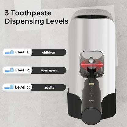 Automatic Toothpaste Dispenser Wall Mounted - Hands-Free Toothpaste Squeezer with 3 Speed Settings, 2 Toothbrush Holders & Strong Adhesive - Smart Bathroom Organizer for Kids and Adults