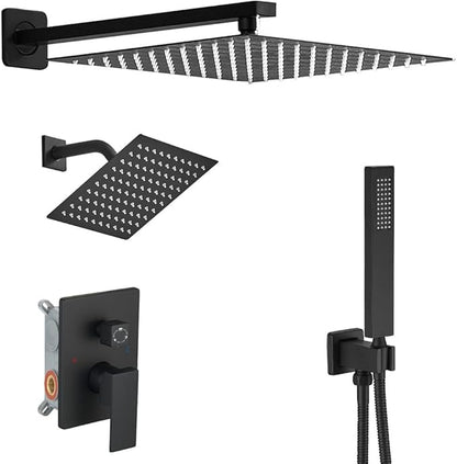 Shower Faucet Set Matte Black Shower System, Knob Switch Diverter Shower Faucet with High Pressure Handheld Spray, Wall Mount 12 Inch Shower Head with 6 Inch Wall Mount Shower Head