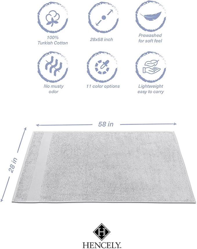Hencely Premium Bath Towel Set of 4-28x58 Inches - High Absorbency, Quick Drying - 100% Soft Turkish Cotton Towels - Ideal for Home, Bathroom, Hotel, Spa, and Gym - Silver