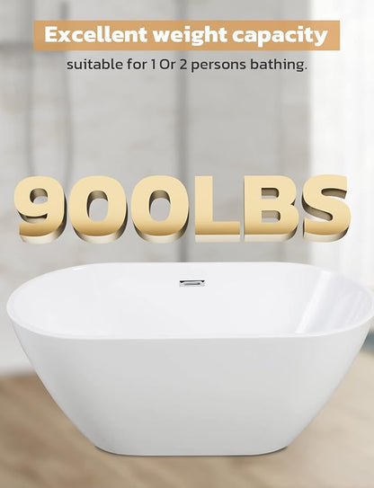 Acrylic Bathtub 55 Inch, Freestanding Deep Soaking Bath Tub with Brushed Overflow and Drain, Contemporary Gloss White Freestanding Bathtub