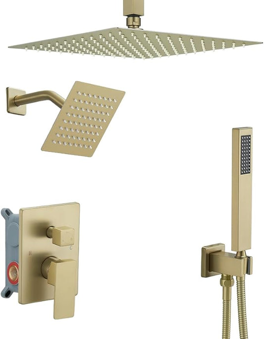 Shower Faucet Set Brushed Gold Shower System, Knob Switch Diverter Shower Faucet with High Pressure Handheld Spray, Ceiling Mount 10 Inch Shower Head with 6 Inch Wall Mount Shower Head