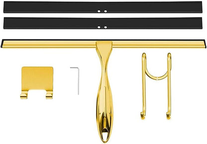 14-Inch Shower Squeegee, Stainless Steel Squeegee for Shower or Window Glass Door, Includes Two Spare Scrapers and one Adhesive Hook. (Gold, 14 in)