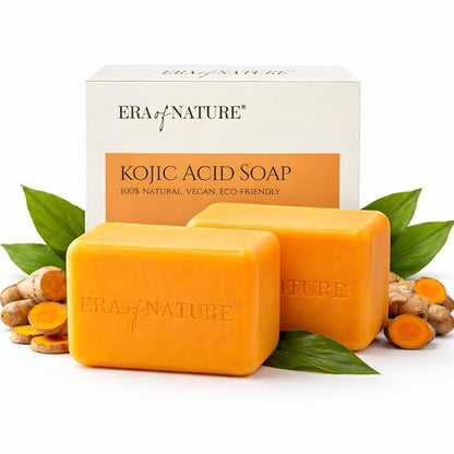era of nature Turmeric Kojic Acid Soap with Vitamin C – Gentle Brightening Bar for Face Underarms Bikini Area and Body – Moisturizing Shea Butter – 2 Pack 200g