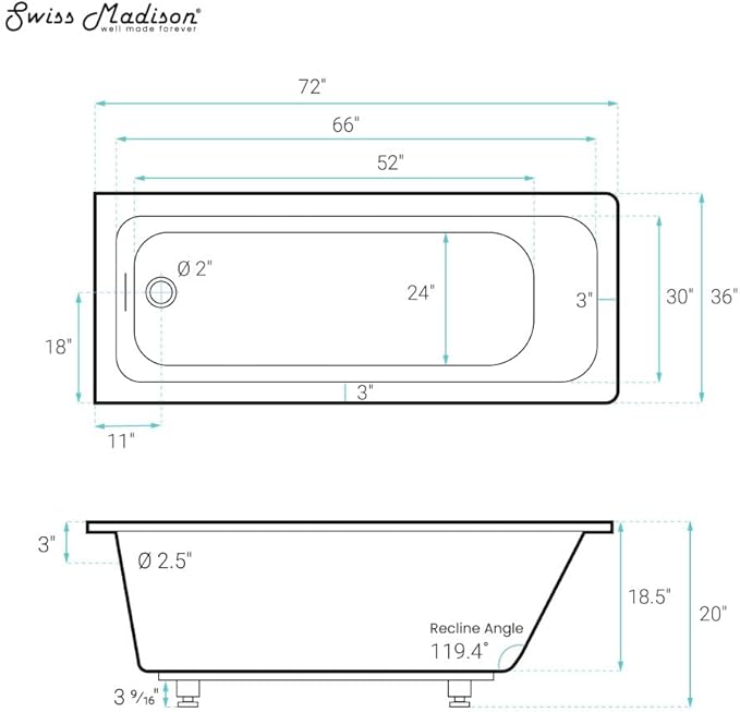 Swiss Madison Voltaire 72 x 36 Reversible Drain Soaking Drop-in Bathtub in Glossy White with Integrated Overflow, Drain Included