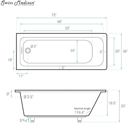 Swiss Madison Voltaire 72 x 36 Reversible Drain Soaking Drop-in Bathtub in Glossy White with Integrated Overflow, Drain Included