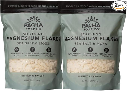 Pacha Soap Co. Magnesium Flake Salt Soak - Sea Salt & Moss, Soothing Mineral Bath Soak with Magnesium & Sea Salt, Paraben, Sulfate, and Dye-Free, Handcrafted in The USA, 2-Pack, 32 oz Each