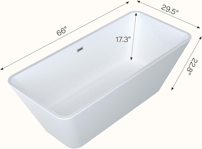 66" Freestanding Bathtub, Acrylic Soaking Tub, Chrome Overflow & Drain, Easy Installation for Modern Bathroom, White