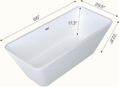 66 Inch Freestanding Bathtub, Modern Soaking Bathtub, Freestanding Rectangular Tub with Non-Slip Base and Easy Drain, Deep Design for Adults, Ideal for Bathroom Relaxation, Chrome Drain, White